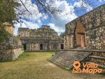 Maya archaeological zone near Valladolid Yucatan with stone structures and trees