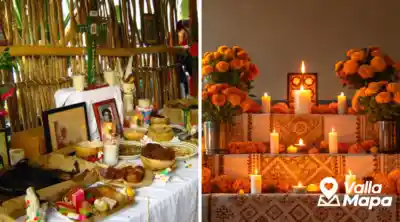Altar de Hanal Pixán en Yucatán con velas, flores y comida tradicional